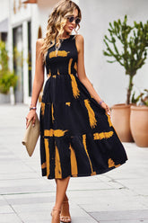 Robe imprimée sans manches à col rond et fente